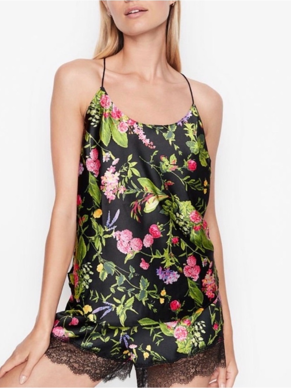 Victoria's Secret Black Floral Satin Cami Set with Lace Trim